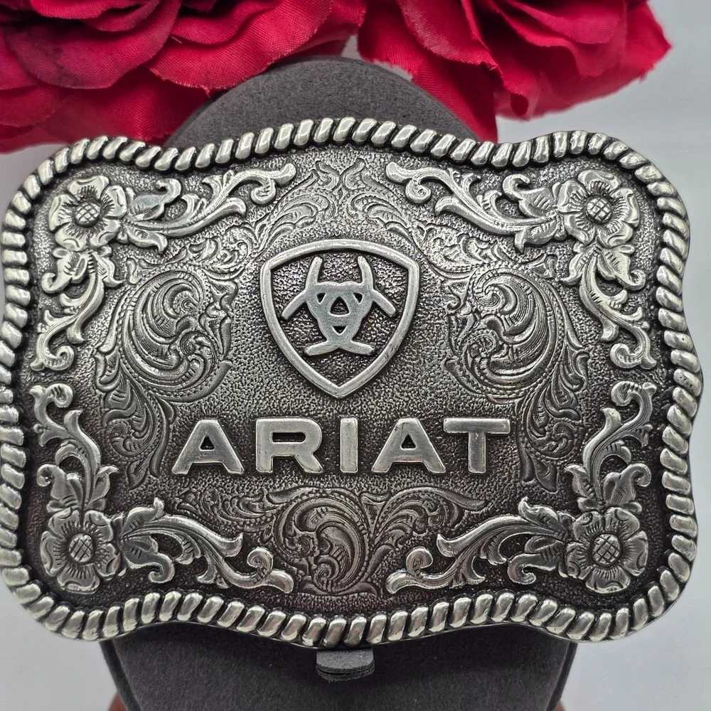 ARIAT Western Filigree Belt Buckle Silver Tone Rodeo Style Men's Cowboy Engraved
